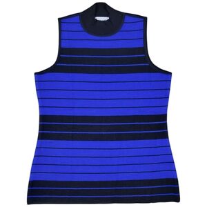 Misook Knit Tank Top Womens Small Blue Black Striped Mock Neck Sleeveless Shell